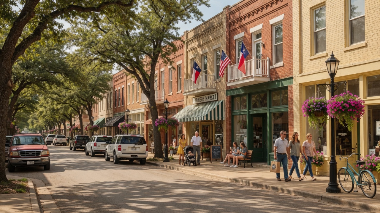 Historic Main Street storefronts in downtown Brenham, Texas with new signage and pedestrian activity
