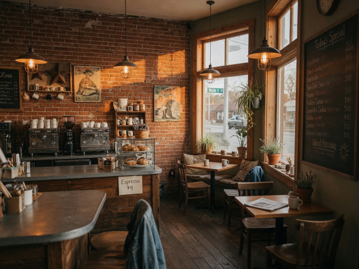 A cozy local coffee shop in downtown Brenham, Texas