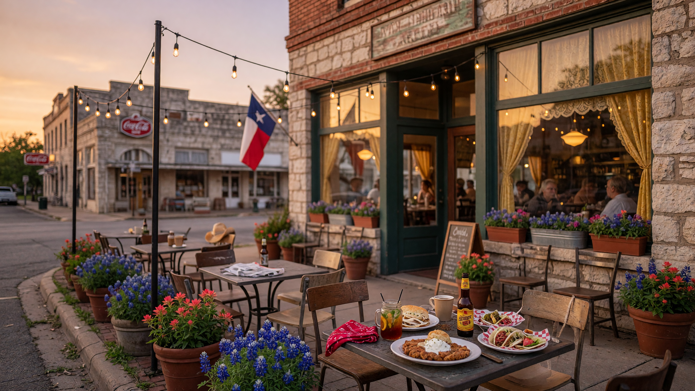 A welcoming restaurant scene in downtown Brenham with warm evening lighting, outdoor seating, and a friendly small-town atmosphere