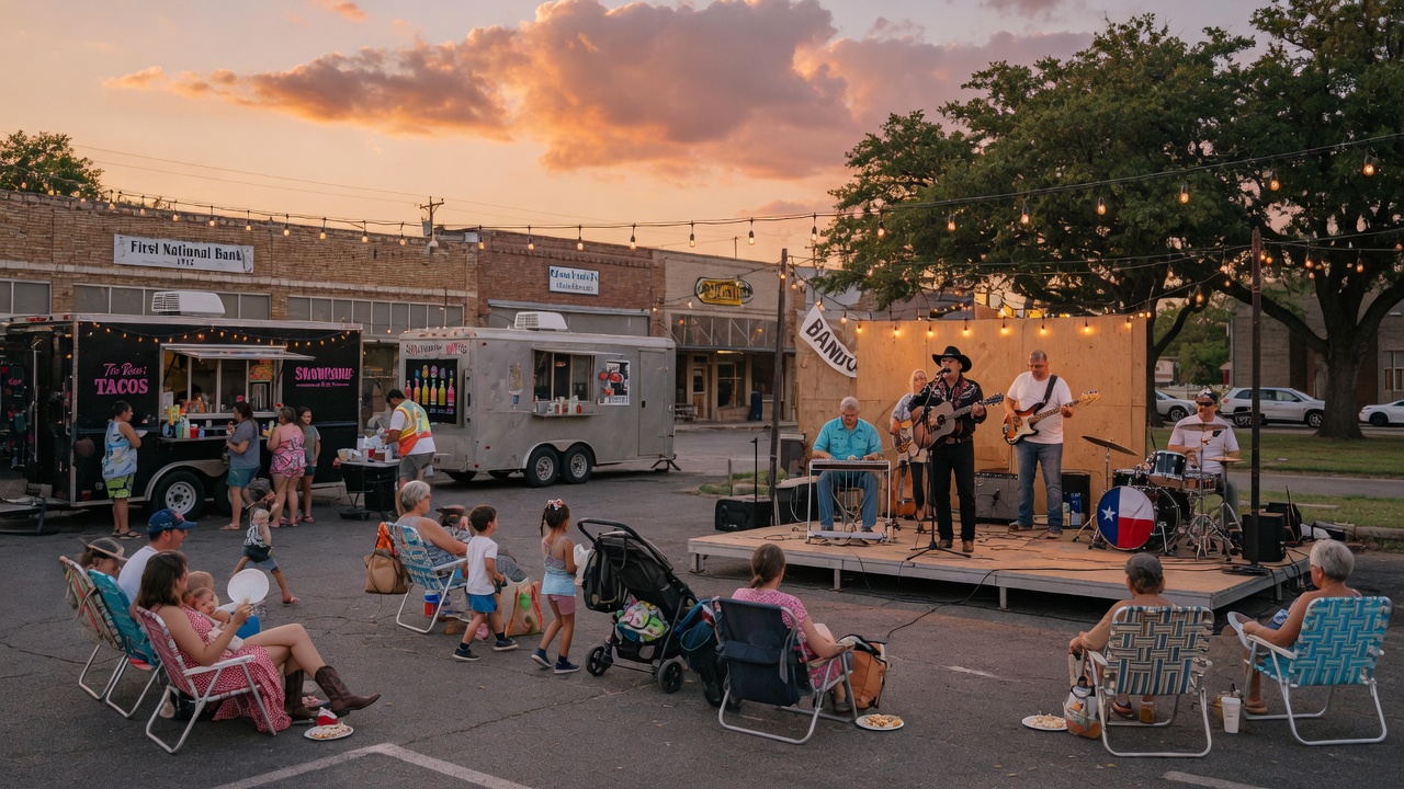 Summer outdoor concert in downtown Brenham with families gathered on lawn chairs and live music at golden hour