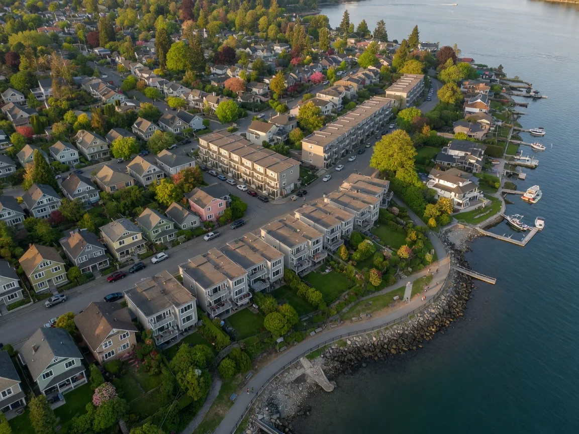 Aerial view of Esquimalt neighbourhood showing residential streets, ocean shoreline, and waterfront green spaces