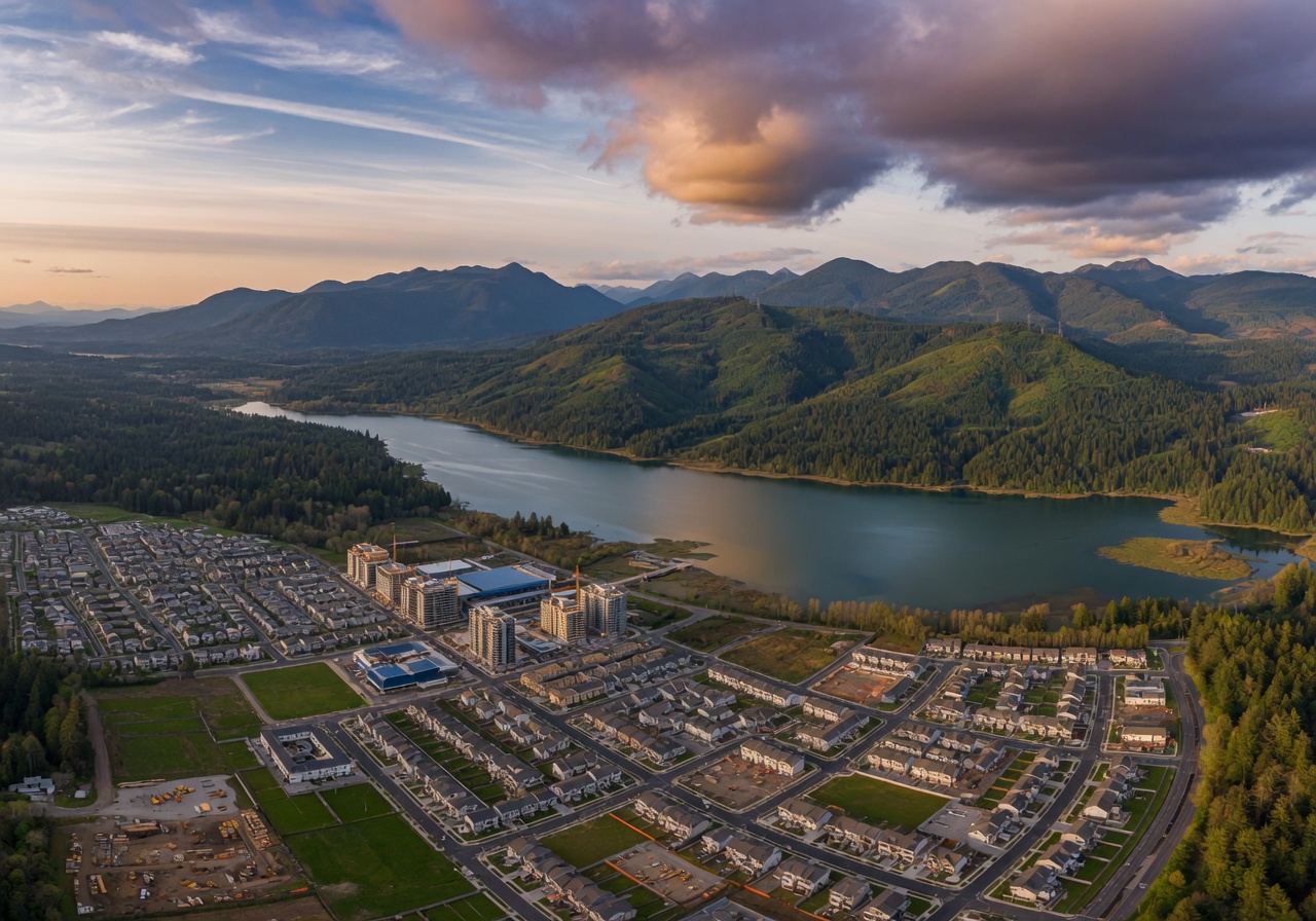 Aerial view of Langford and the Westshore showing new residential development, mountains, and forested areas