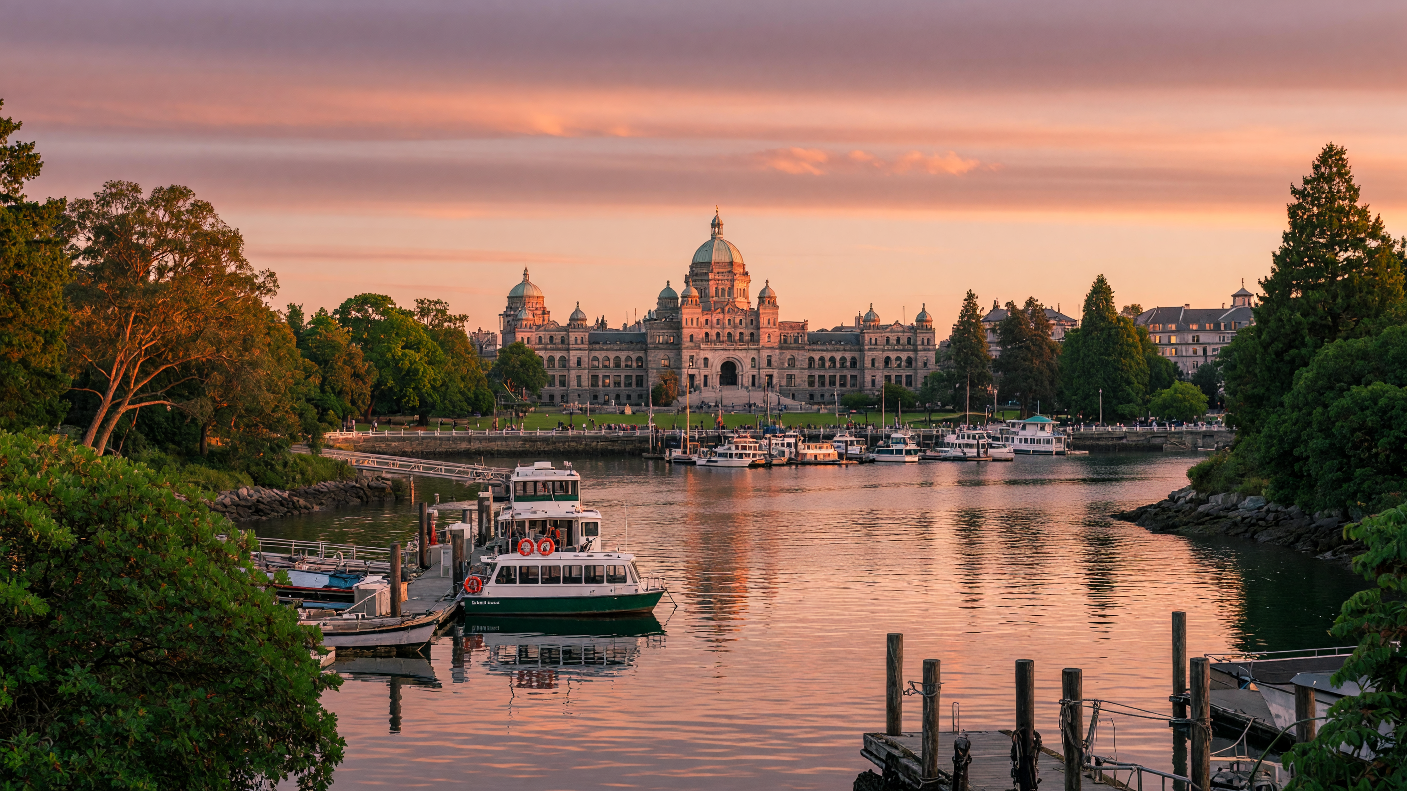 Victoria Inner Harbour at golden hour with calm water reflections