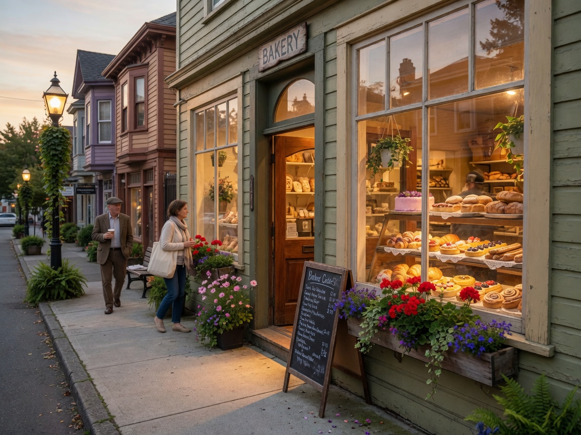 Cozy cafe storefront with flower boxes and outdoor seating on Cook Street Village