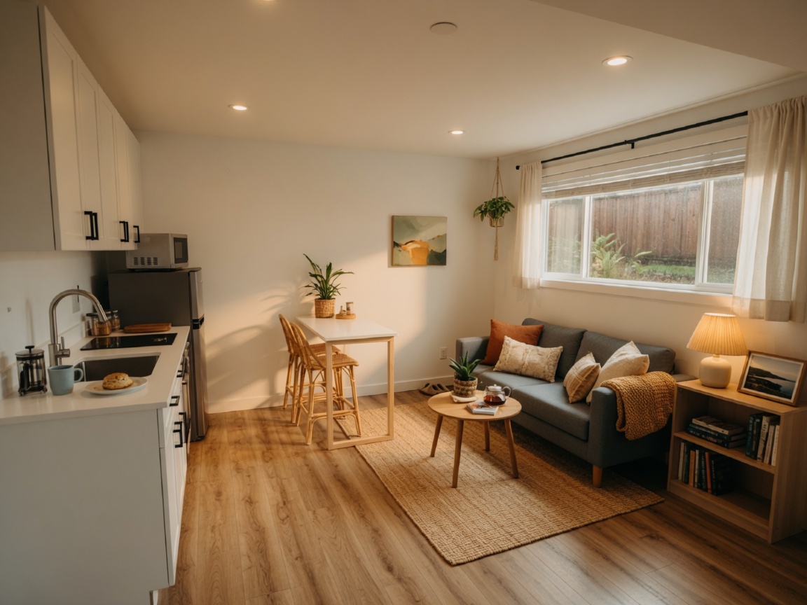 A modern, well-designed secondary suite interior featuring an open-concept kitchen and living area with clean finishes and natural light