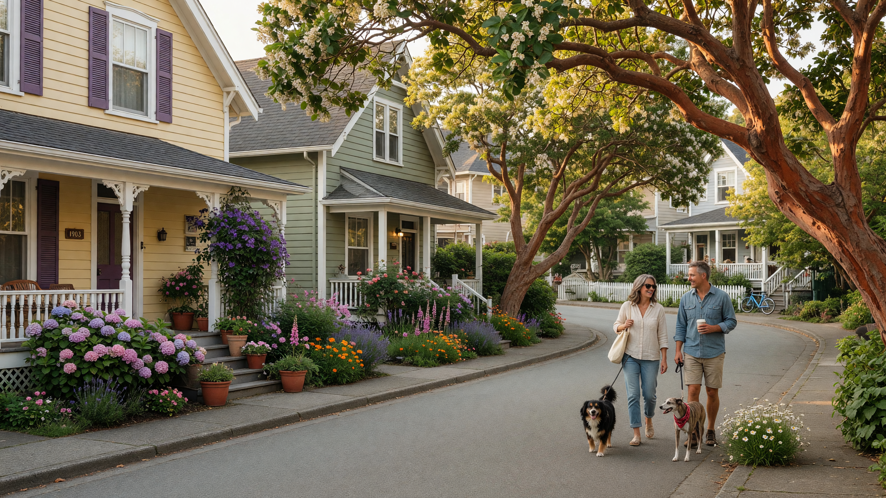 A charming heritage neighbourhood street in Victoria BC with character homes, gardens, and morning light