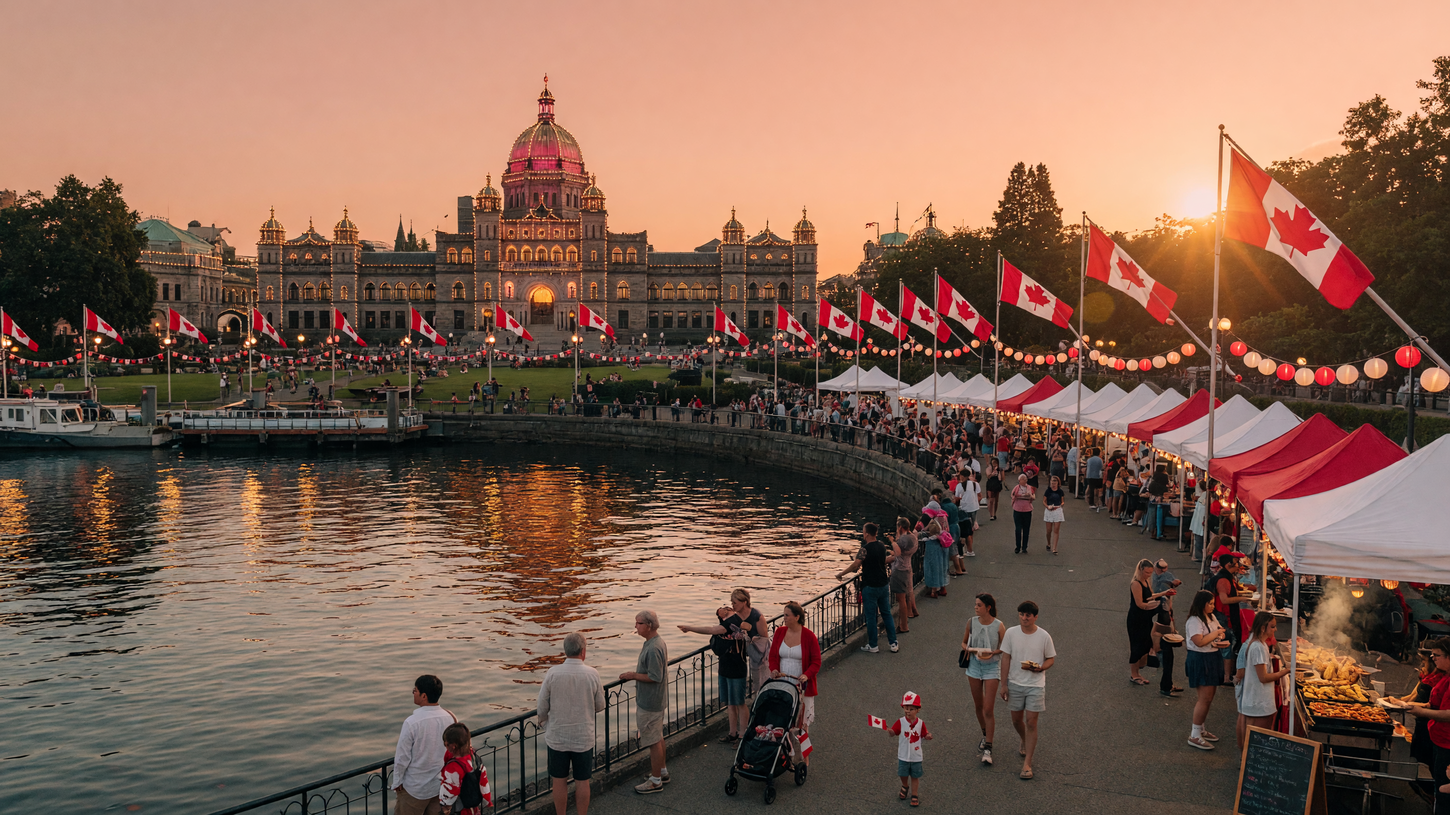 Canada Day celebrations along Victoria's Inner Harbour with Parliament Buildings and waterfront festivities