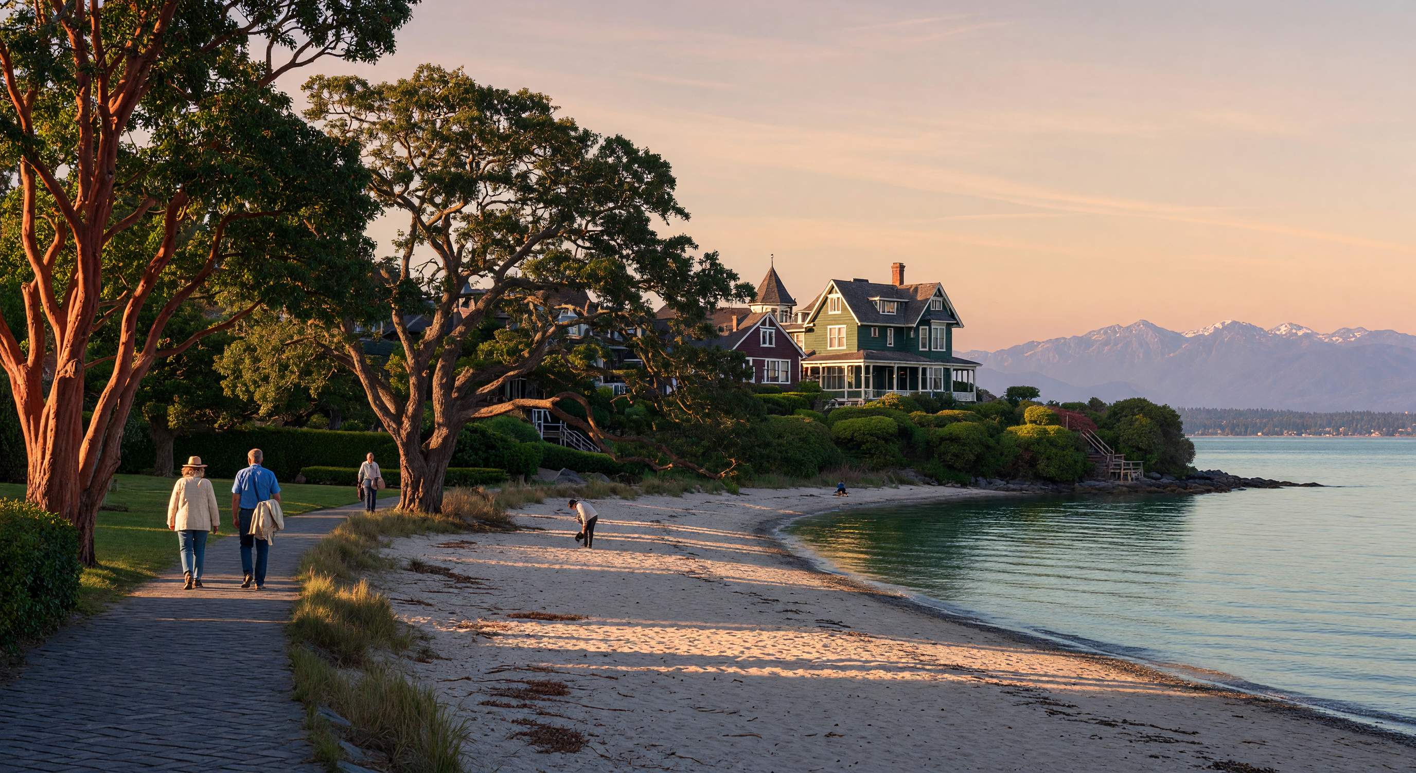 Rocky shoreline at Cattle Point in Oak Bay at golden hour, with the Olympic Mountains visible across the strait