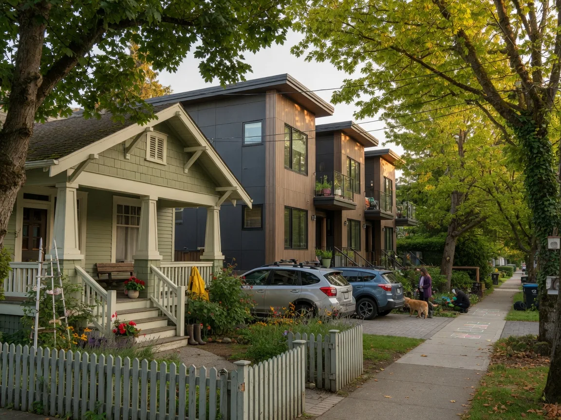 Mix of character homes, townhomes, and newer developments on a tree-lined Esquimalt street