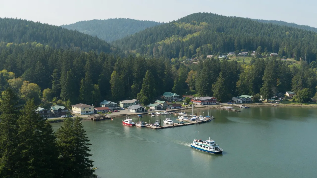 Brentwood Bay Marina with boats moored in calm inlet waters surrounded by forested hills