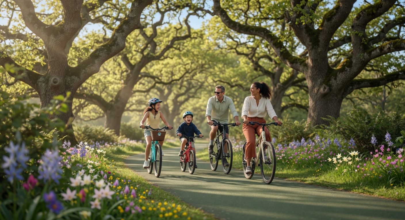 A family riding bikes under sun-dappled Garry oak trees in Victoria