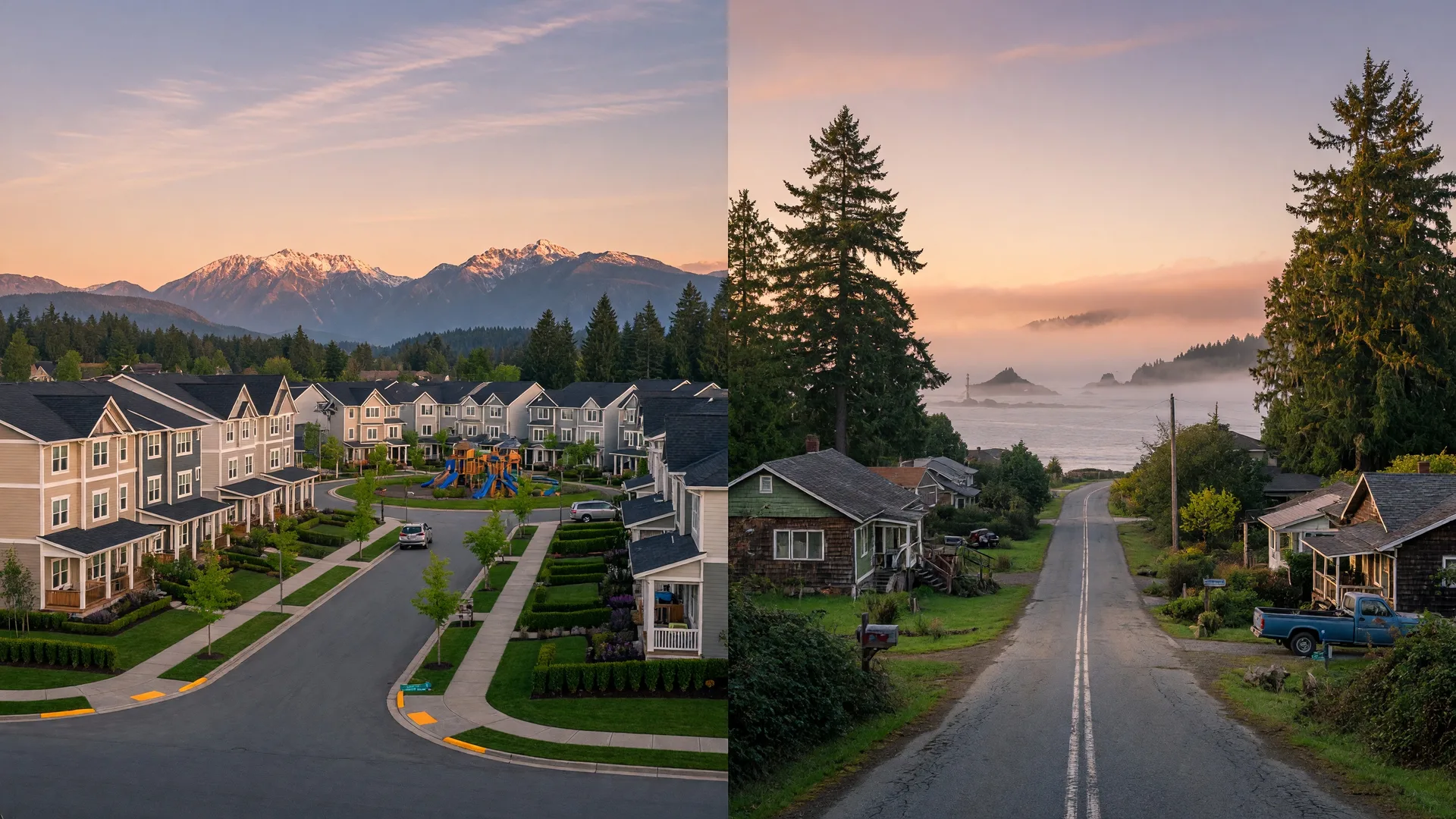 Split view comparing the modern suburban streets of Langford with the rural coastal roads of Sooke BC