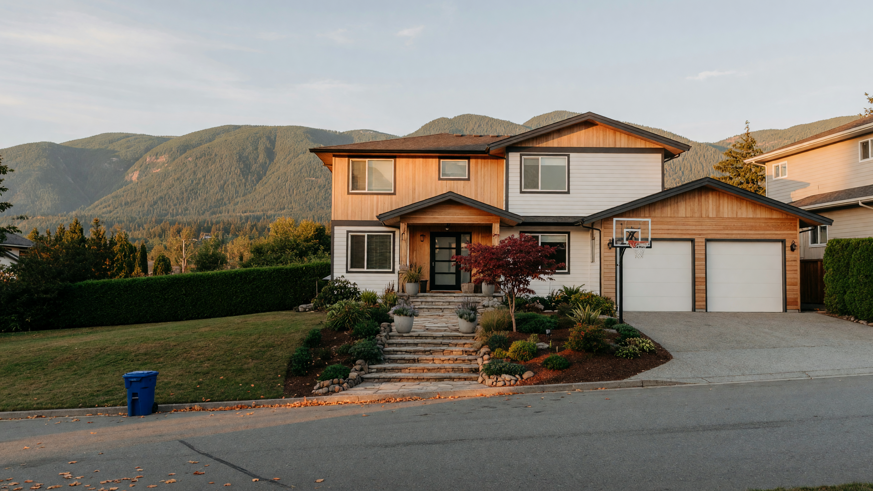 Front exterior of the modern family home at 2616 Sooke Road in Langford BC, Glen Lake area with contemporary West Coast design
