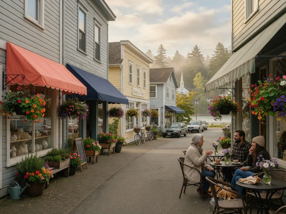 Outdoor café seating and independent shops along a village main street with flower baskets and a few locals chatting at a table
