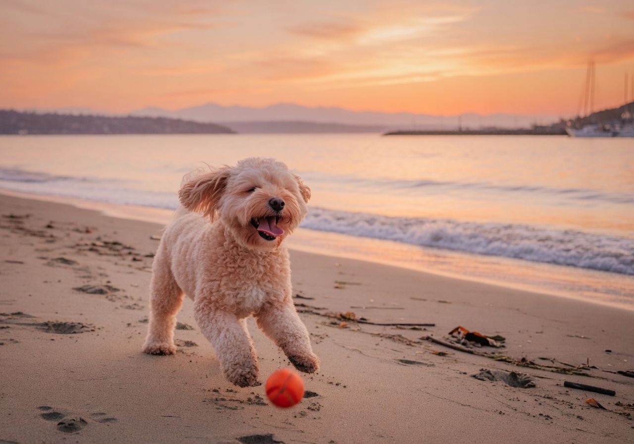 Happy dog playing happily on a beautiful sandy beach in Victoria BC