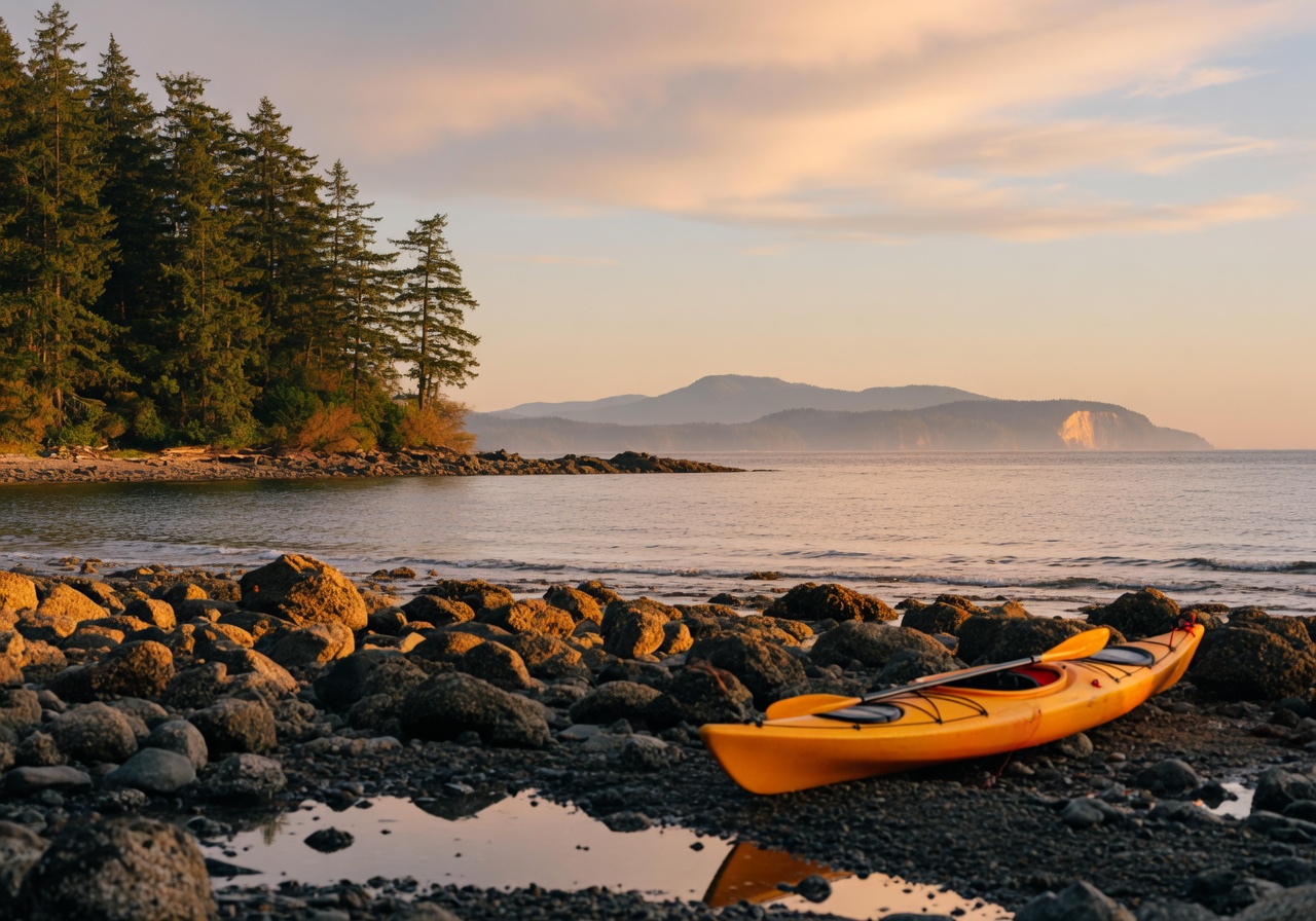 Kayak on the rocky shore with Gulf Islands in the distance