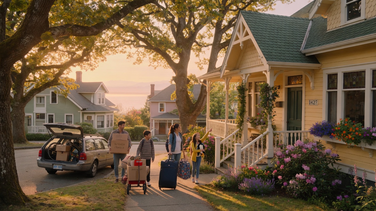 A warm golden-hour scene of arriving in Victoria BC, heritage homes and tree-lined streets bathed in light