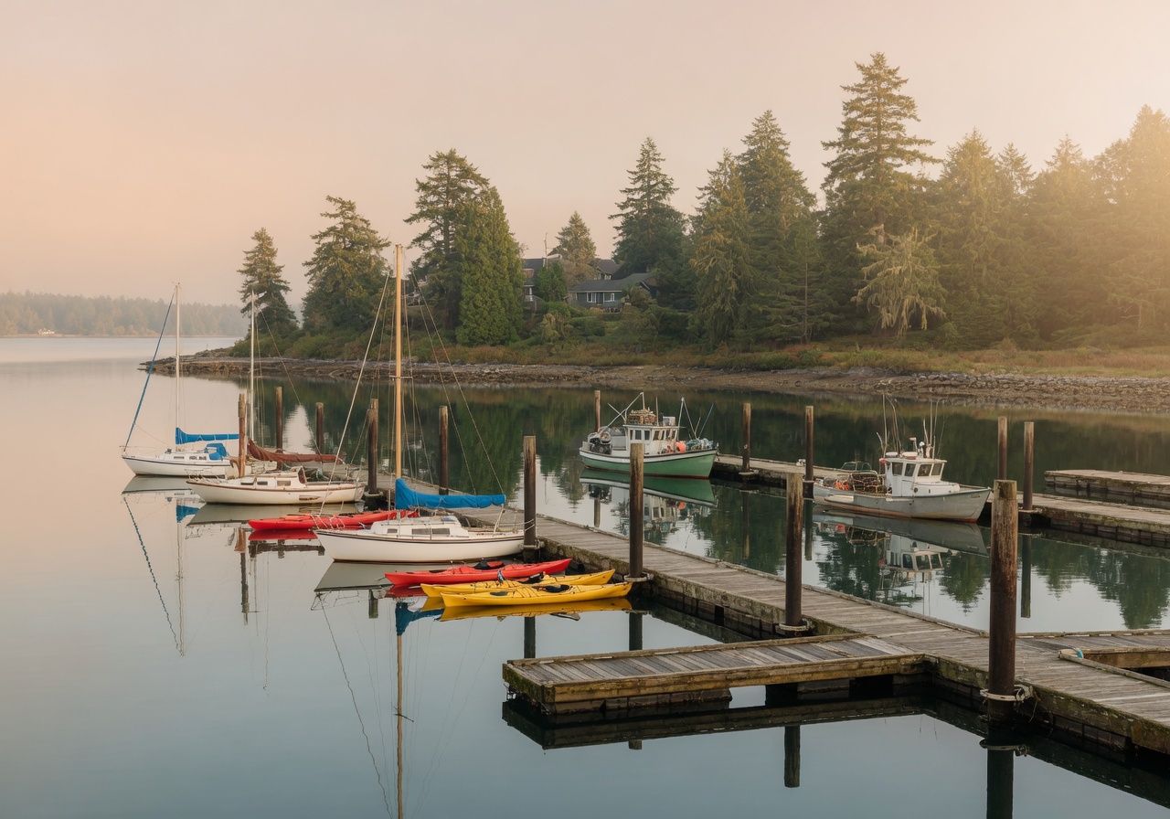 Sailboats and kayaks moored at Oak Bay Marina on a calm morning