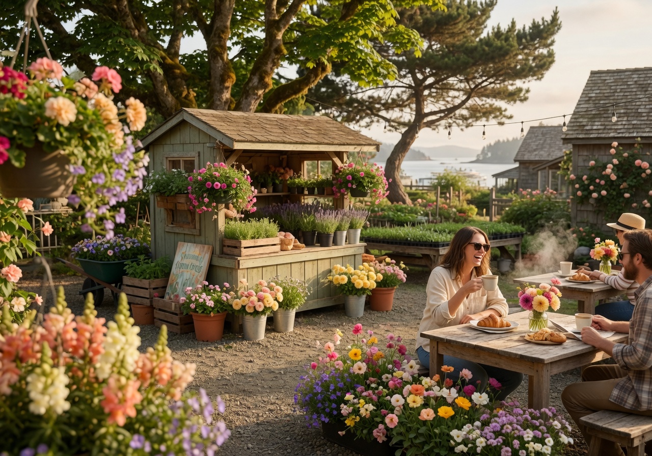 Outdoor cafe seating at Mattick's Farm surrounded by gardens