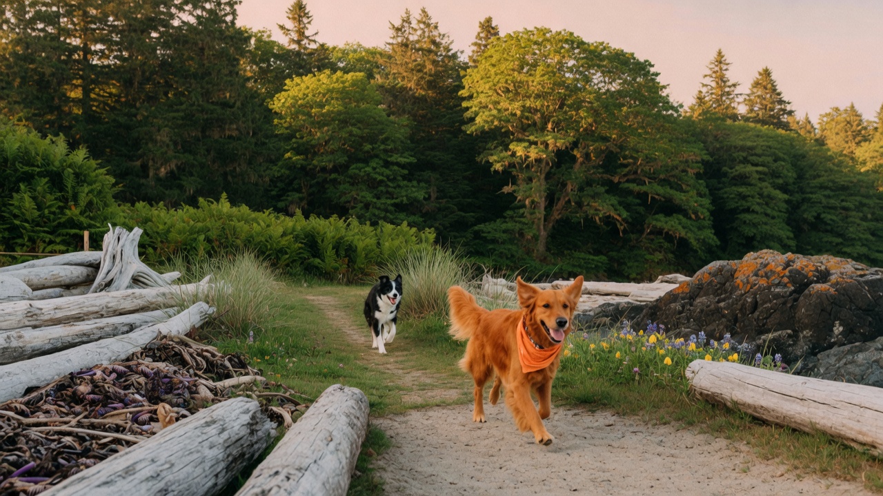 A joyful dog running along a scenic Vancouver Island beach trail with coastal forest and soft golden light