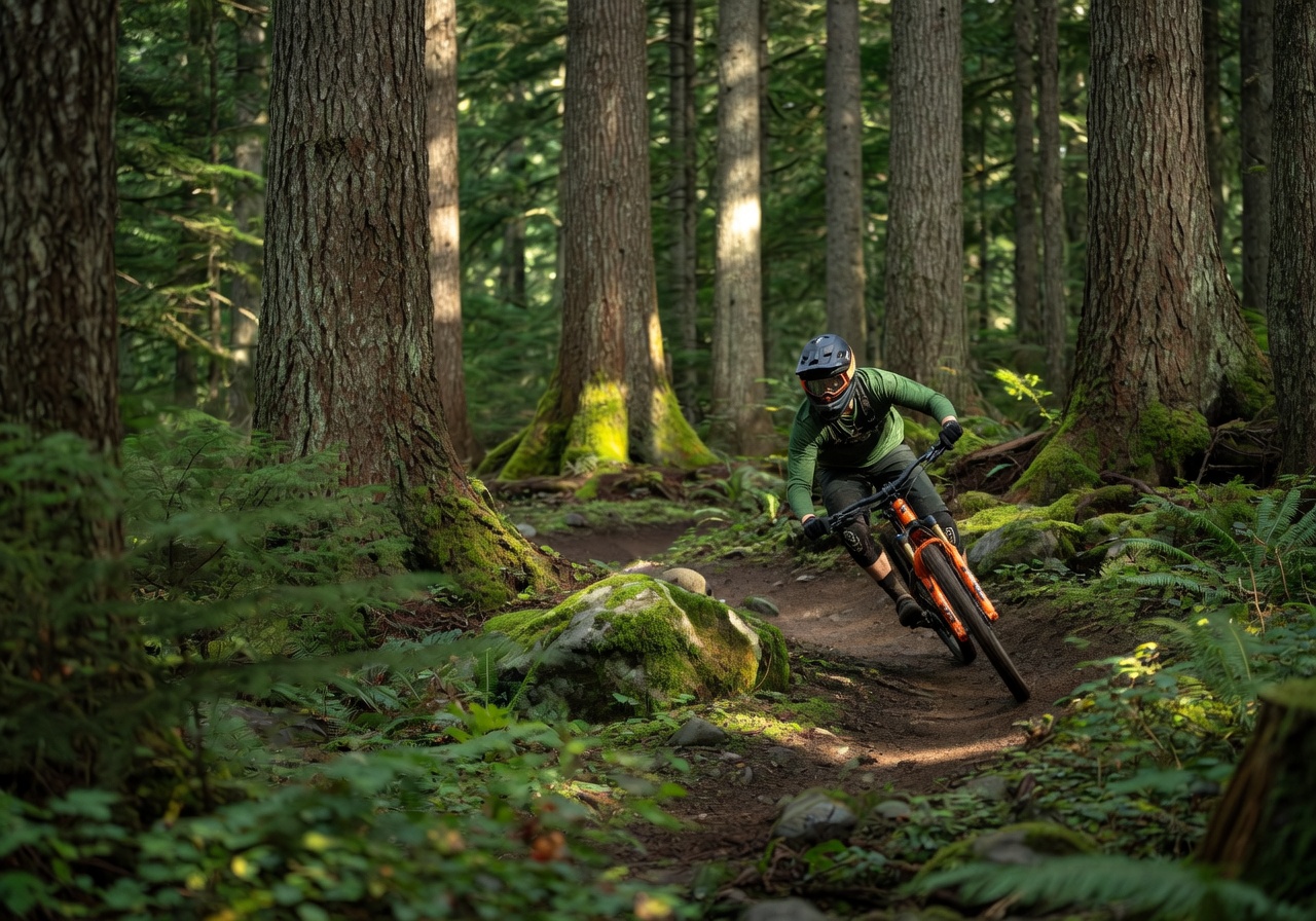Mountain biker riding a forested singletrack trail at Hartland Mountain Bike Park