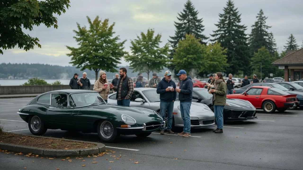 Cars and Coffee gathering in Victoria BC with classic and modern cars parked and enthusiasts chatting