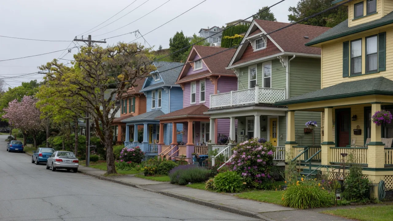 Character homes and heritage houses on a quiet tree-lined residential street in Esquimalt Victoria BC