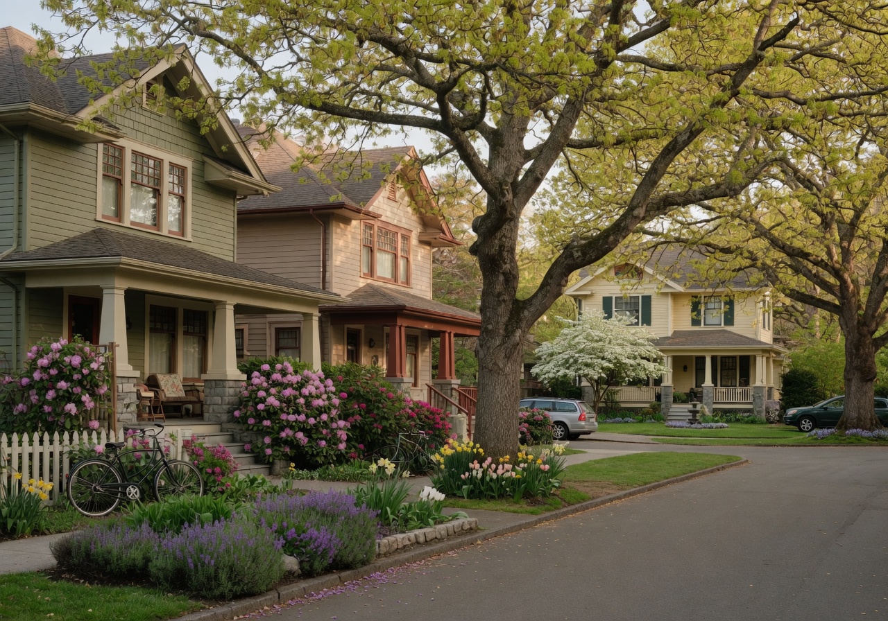 Beautiful residential street in Oak Bay, Victoria BC with craftsman houses and Garry oaks