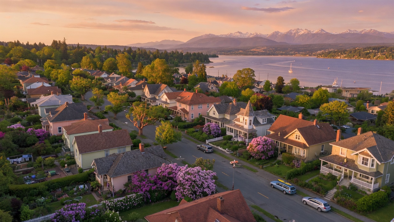 An elevated view of Greater Victoria neighbourhoods with tree-lined streets, rooftops, and ocean beyond
