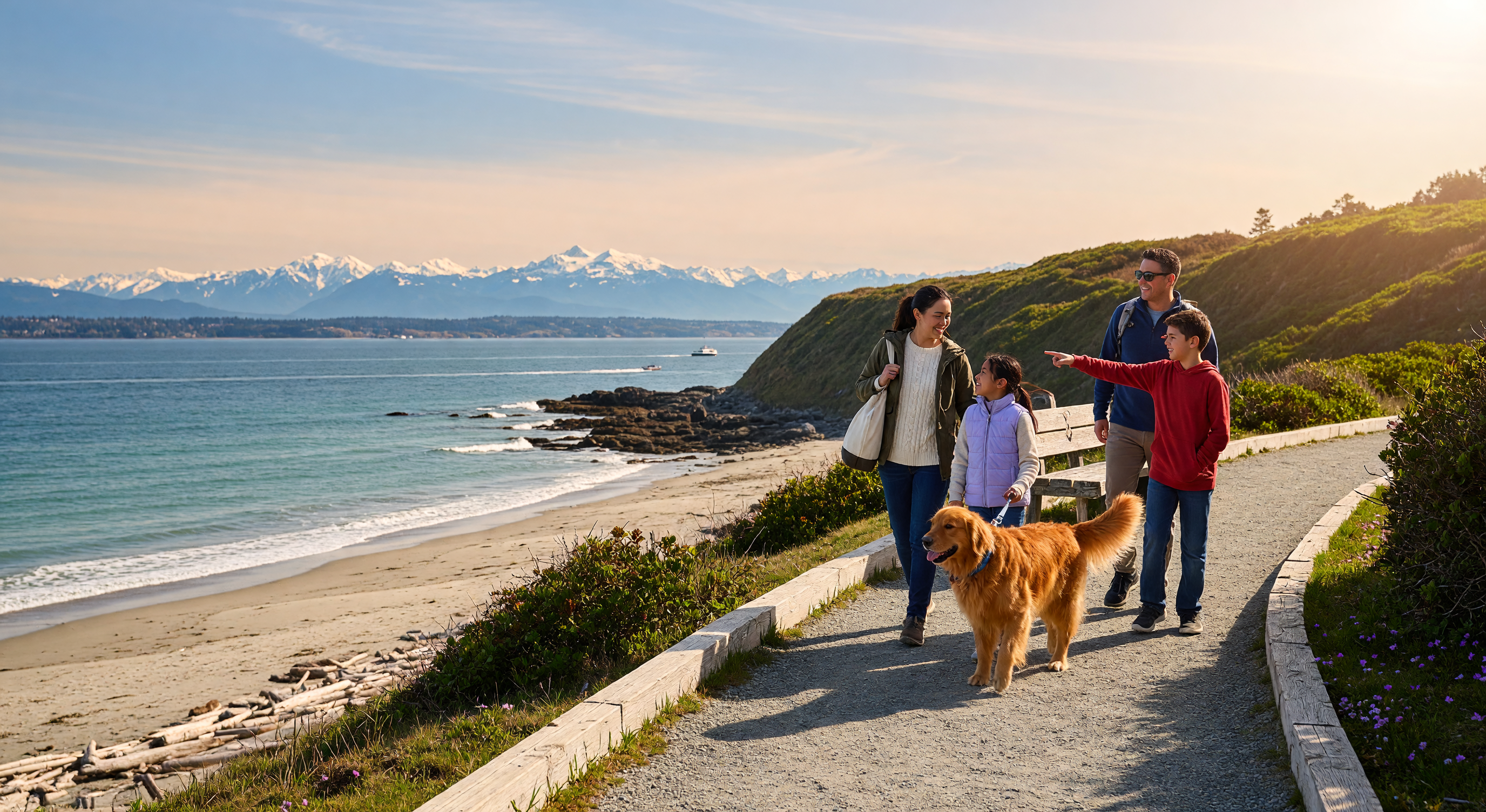 A family and a dog walking on a gorgeous mountain-ocean trail in Victoria BC