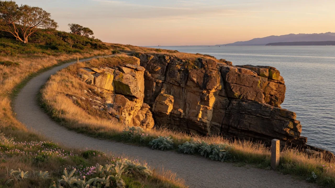 Walking trail along the coastal cliffs at Saxe Point Park in Esquimalt with ocean views toward the Olympic Mountains