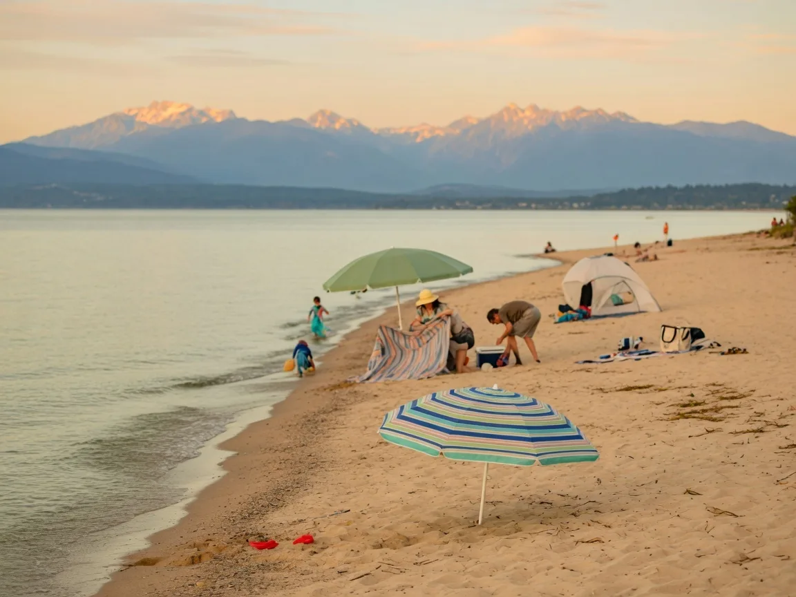 Willows Beach in Oak Bay on a sunny summer morning with golden light, calm water, and a few families setting up for a day at the beach