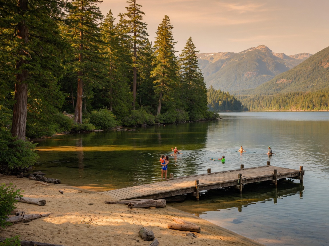 A peaceful freshwater lake beach in Greater Victoria surrounded by tall Douglas fir trees on a sunny summer day
