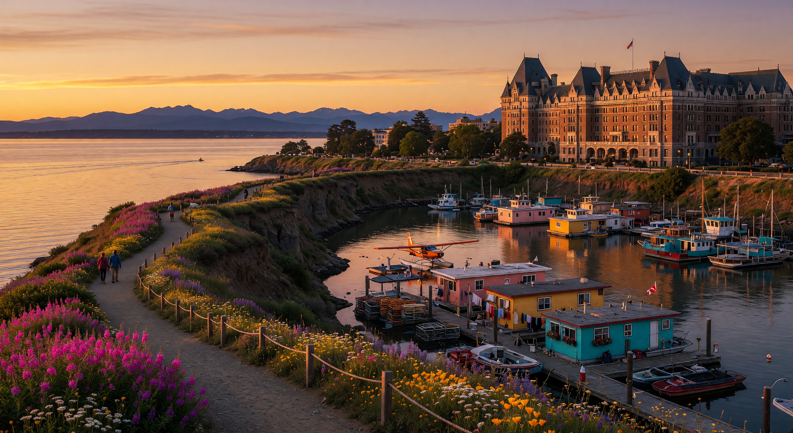 James Bay waterfront at golden hour, with the Dallas Road trail, Inner Harbour, and Fisherman's Wharf visible along the Victoria shoreline
