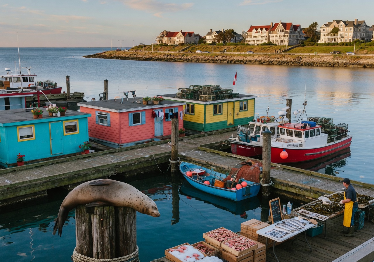 Colourful floating houseboats and fishing stalls at Fisherman's Wharf in James Bay, Victoria