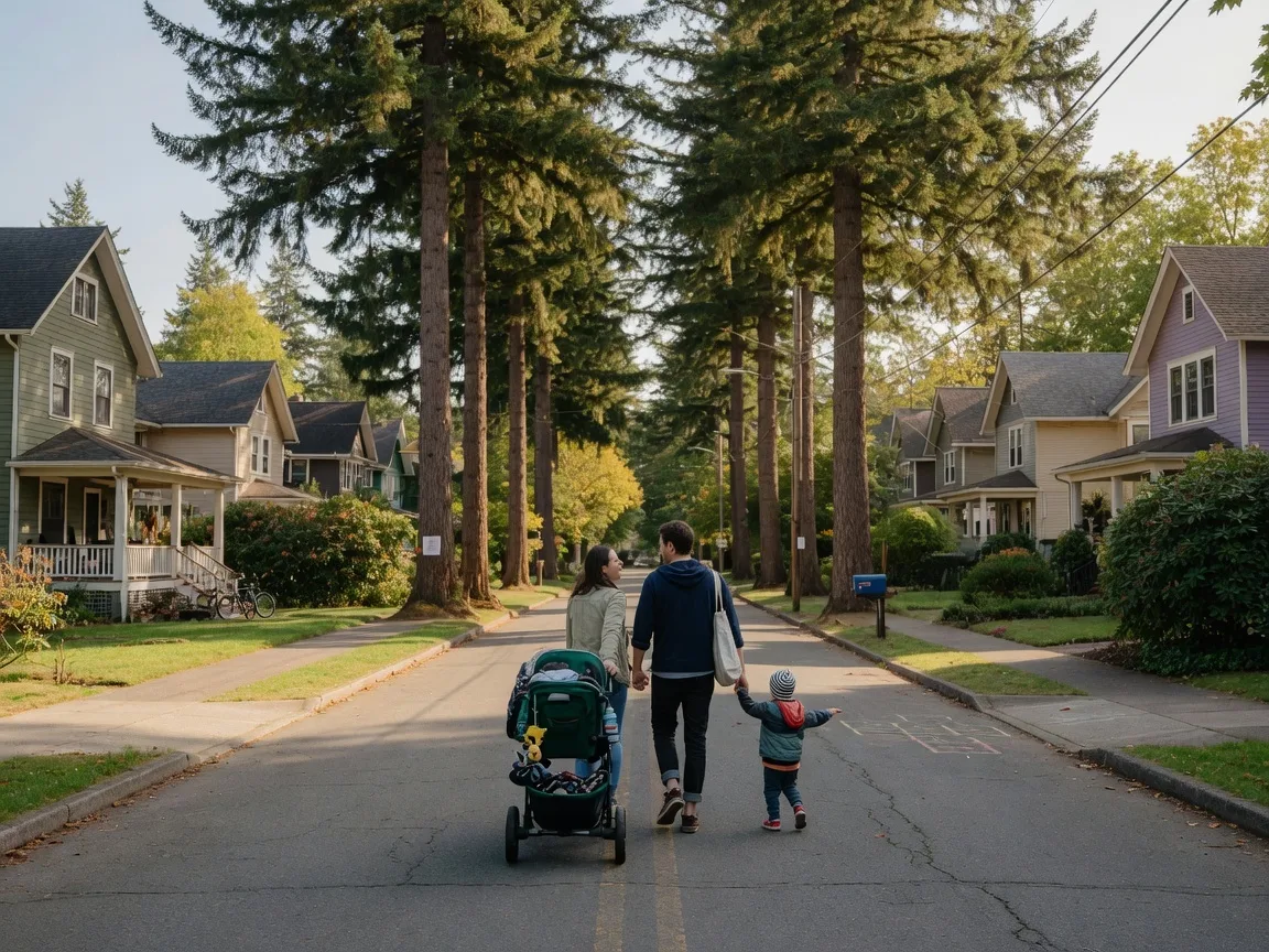 A family walking down a tree-lined residential street in a Saanich neighbourhood with mature trees and heritage-style homes