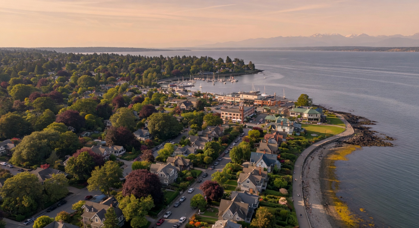 Aerial view of Oak Bay neighbourhood with tree-lined streets, heritage homes, and the ocean shoreline