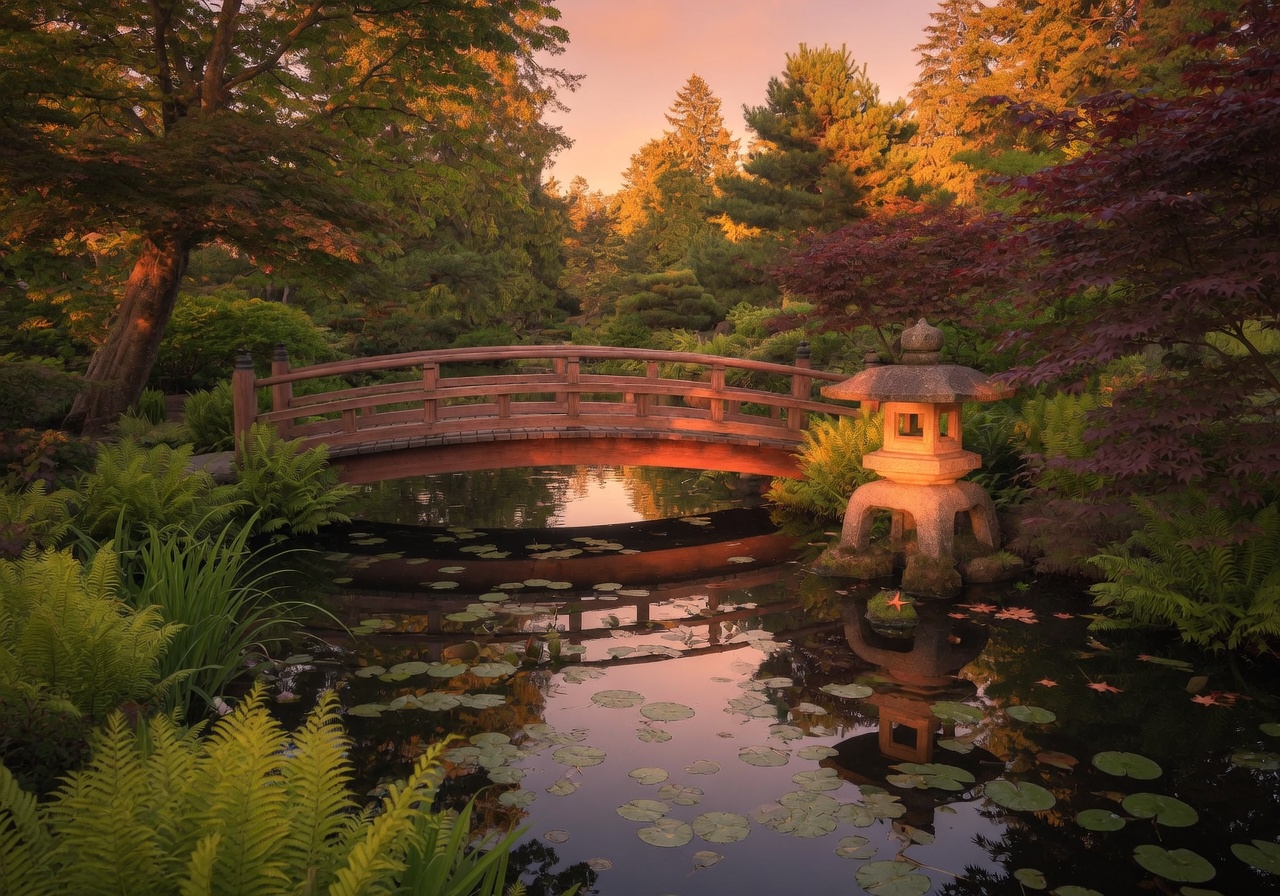 Esquimalt Gorge Park Japanese Garden with wooden bridge and stone lantern at sunset