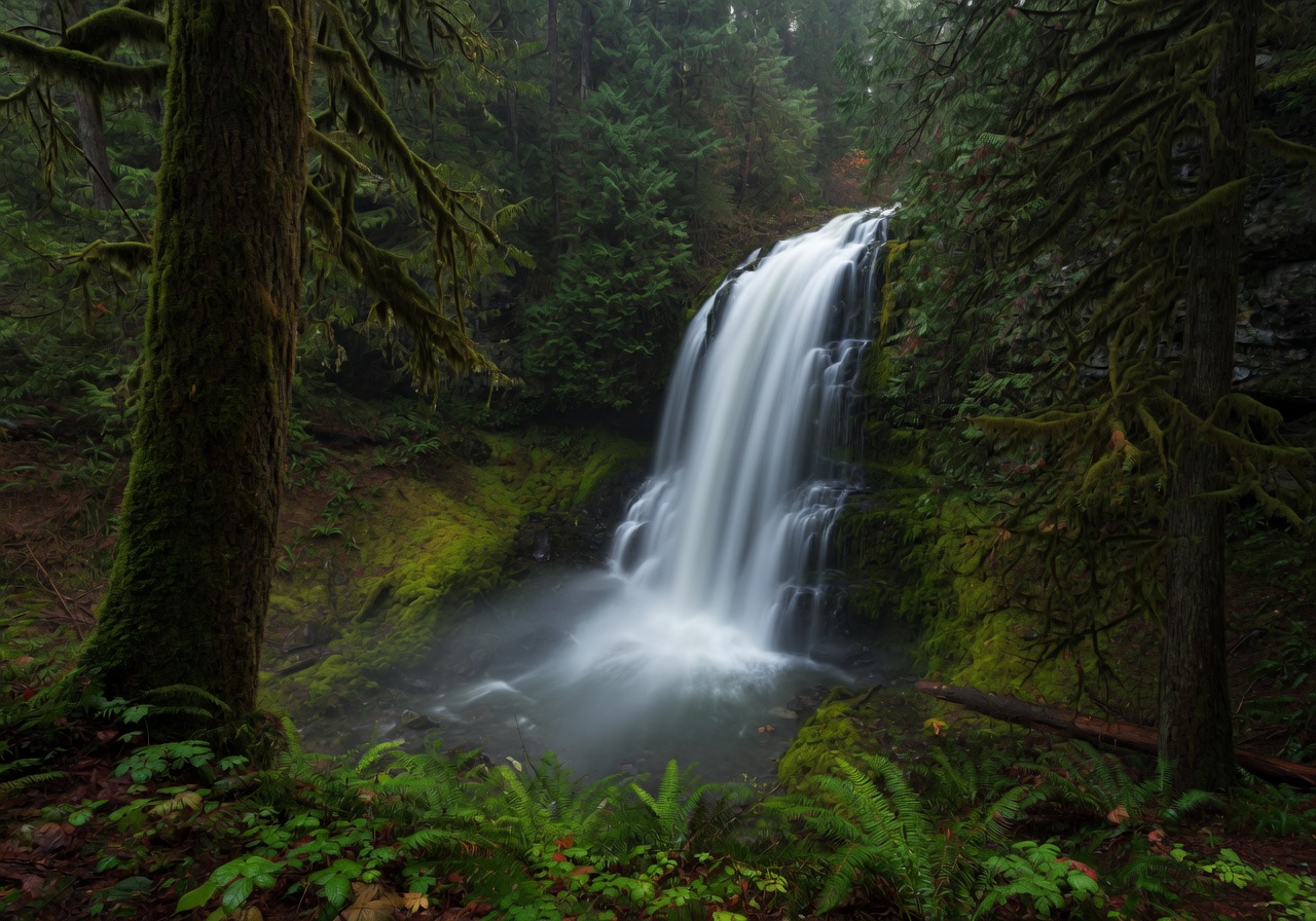 Goldstream Falls cascading through old-growth forest in Goldstream Provincial Park, Langford