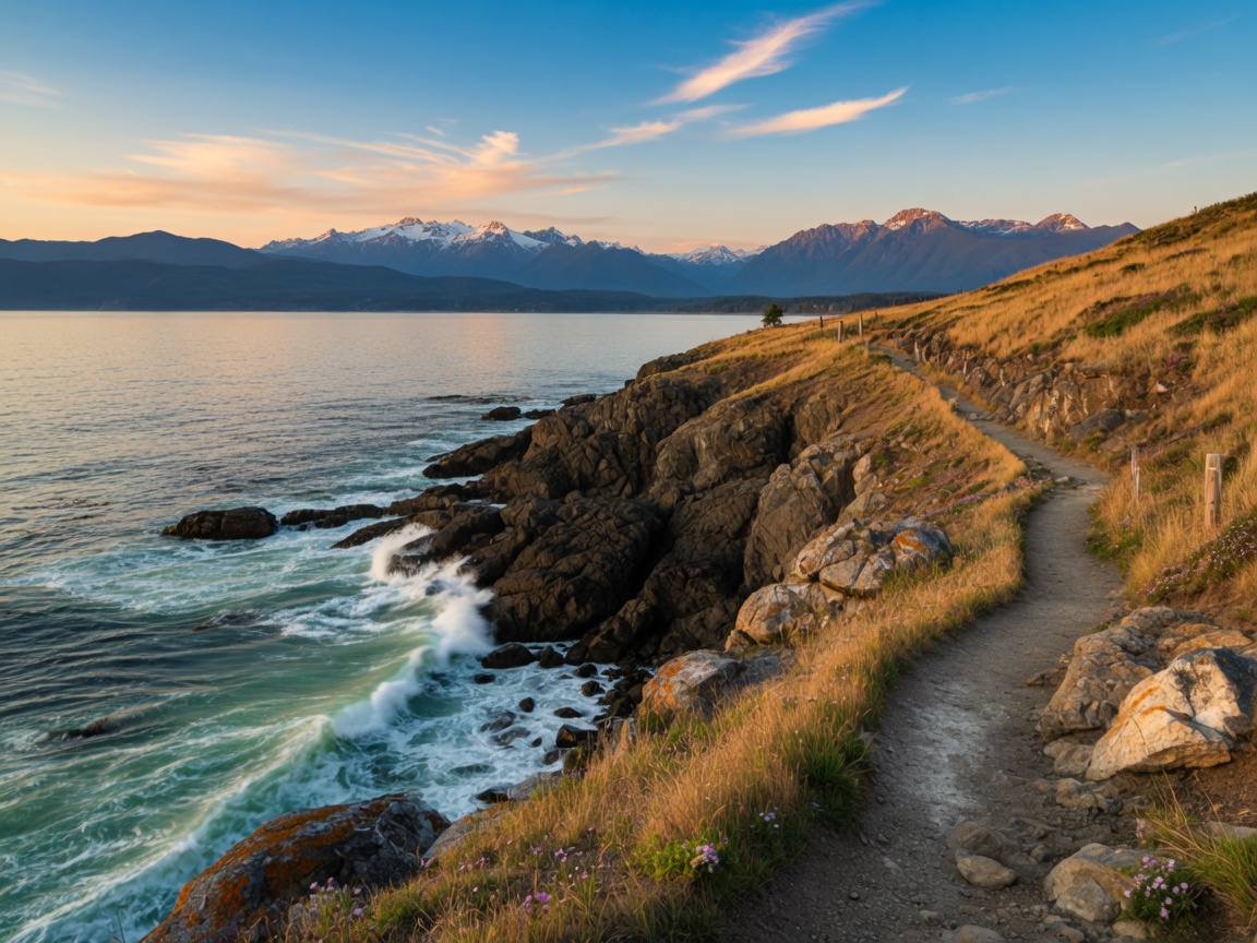 Rugged coastal hiking trail along sea cliffs at East Sooke Regional Park with views across the Strait of Juan de Fuca