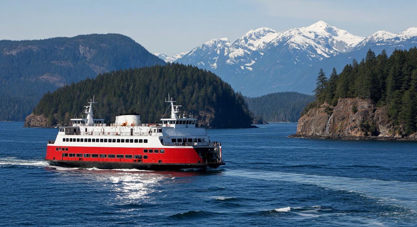 BC Ferries crossing Active Pass on a bright day