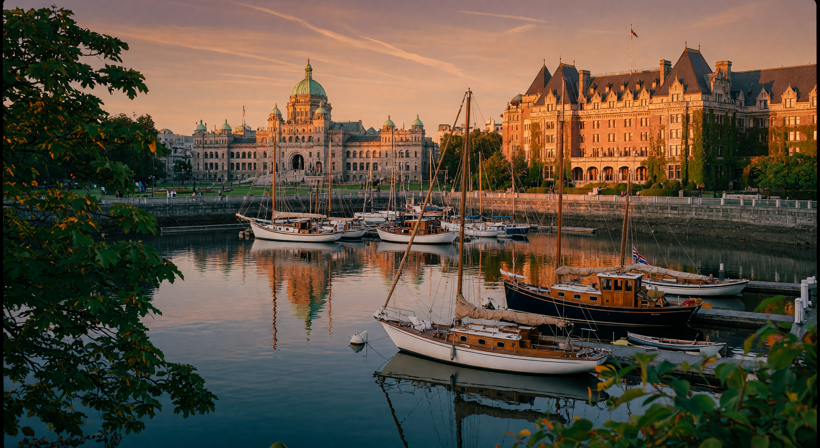 Breathtaking Inner Harbour view of Victoria BC at golden hour