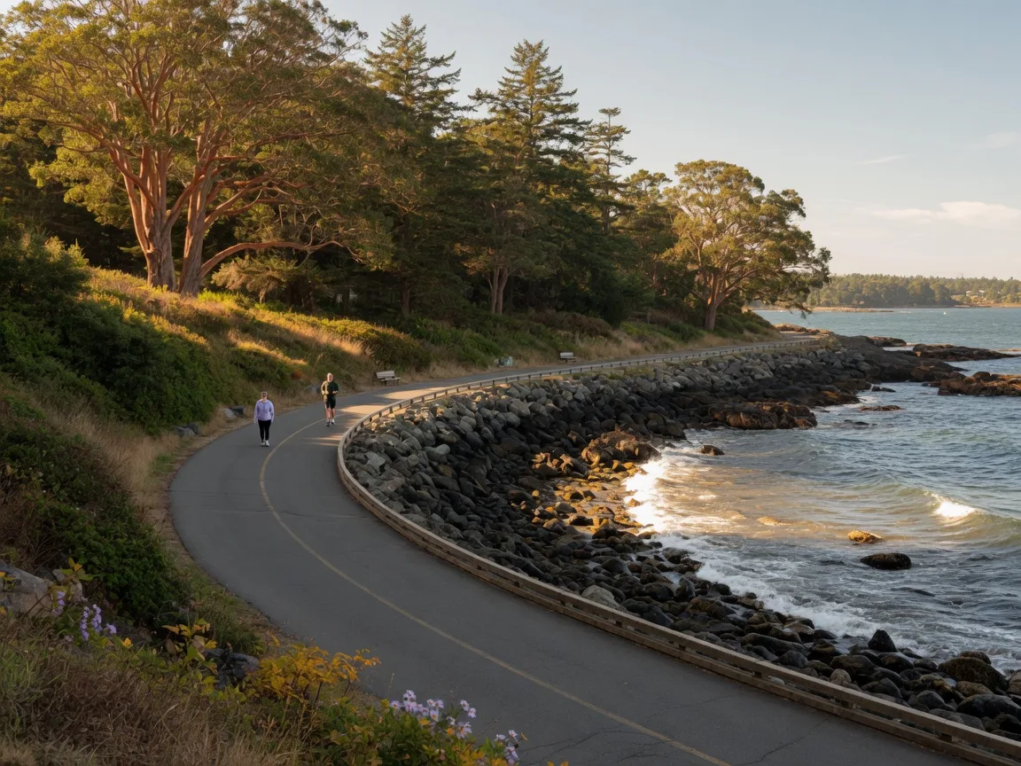 Scenic waterfront view along the Esquimalt shoreline with rocky coast and ocean waters