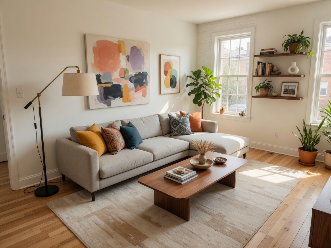 Beautifully staged modern living room showcasing AI virtual staging transformation