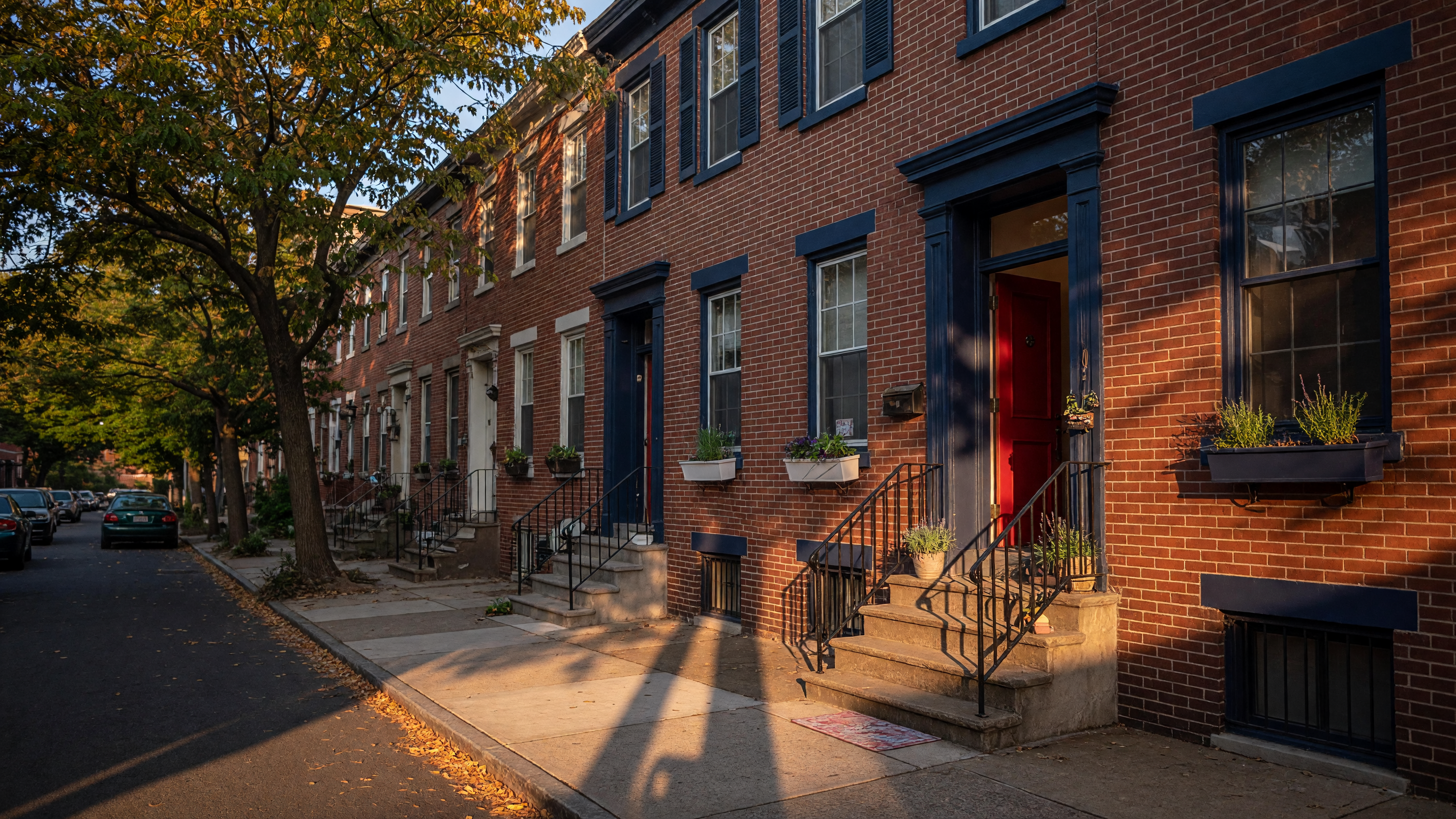 Classic Philadelphia row home on a tree-lined street at golden hour