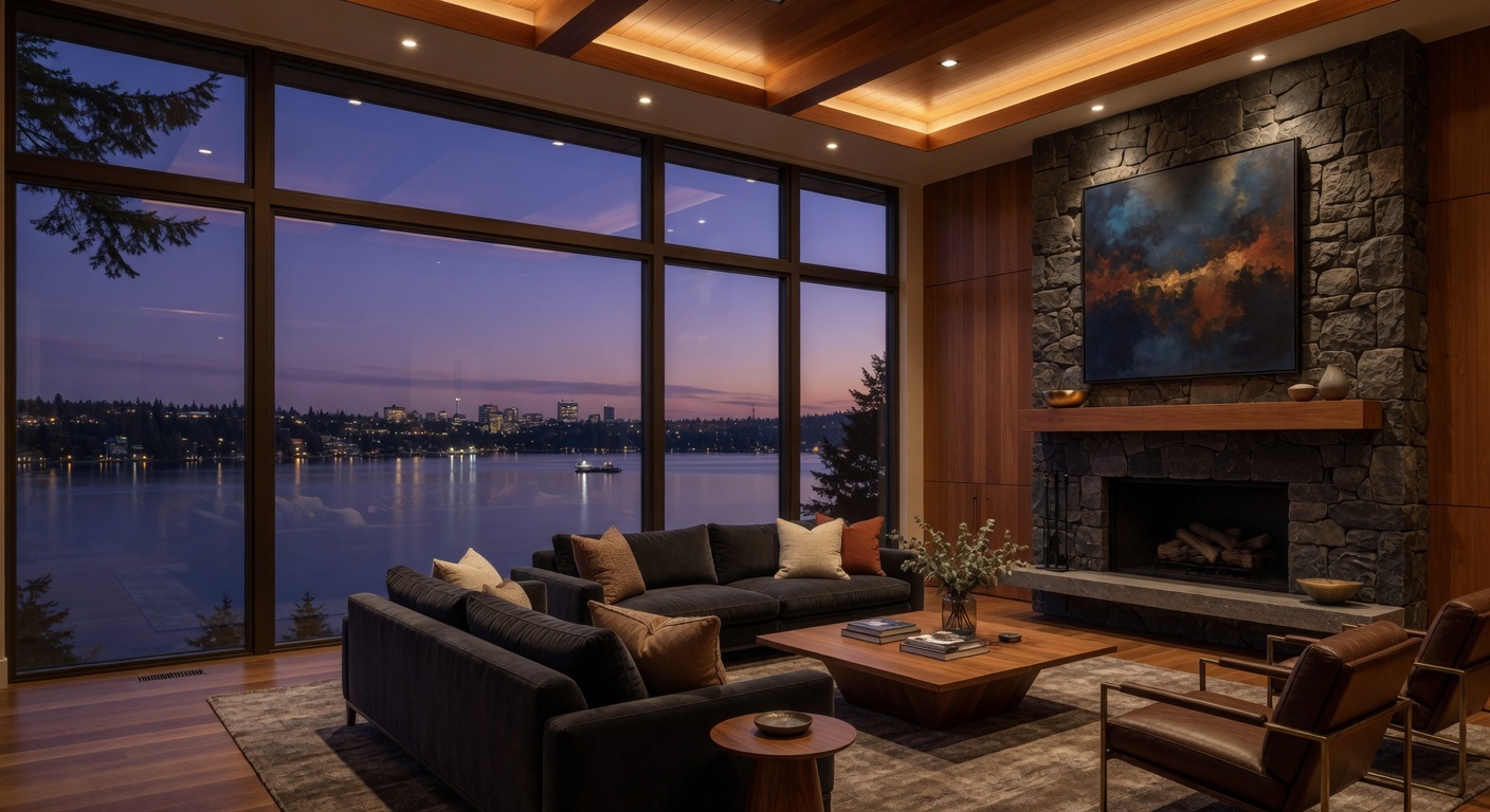 Luxury waterfront estate on Lake Washington at golden hour
