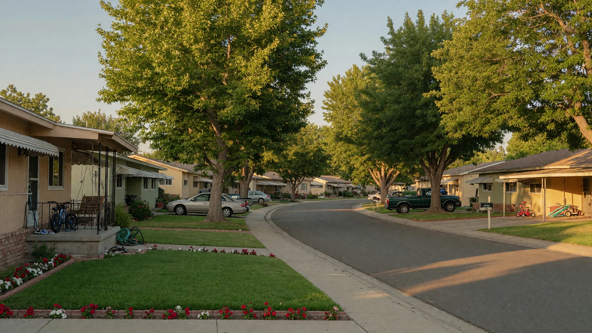 Tree-lined residential street in Atwater, California