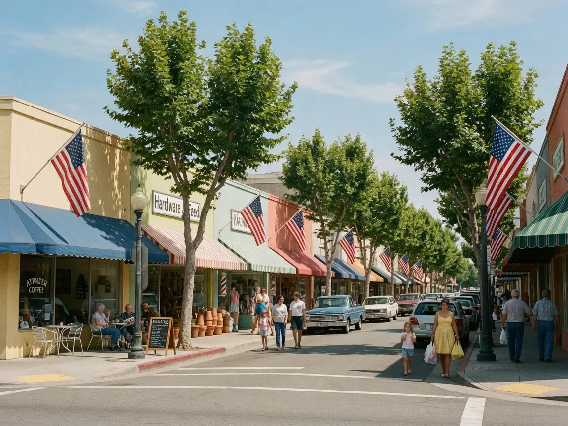 Downtown Atwater, California with local shops, shaded sidewalks, and small-town character