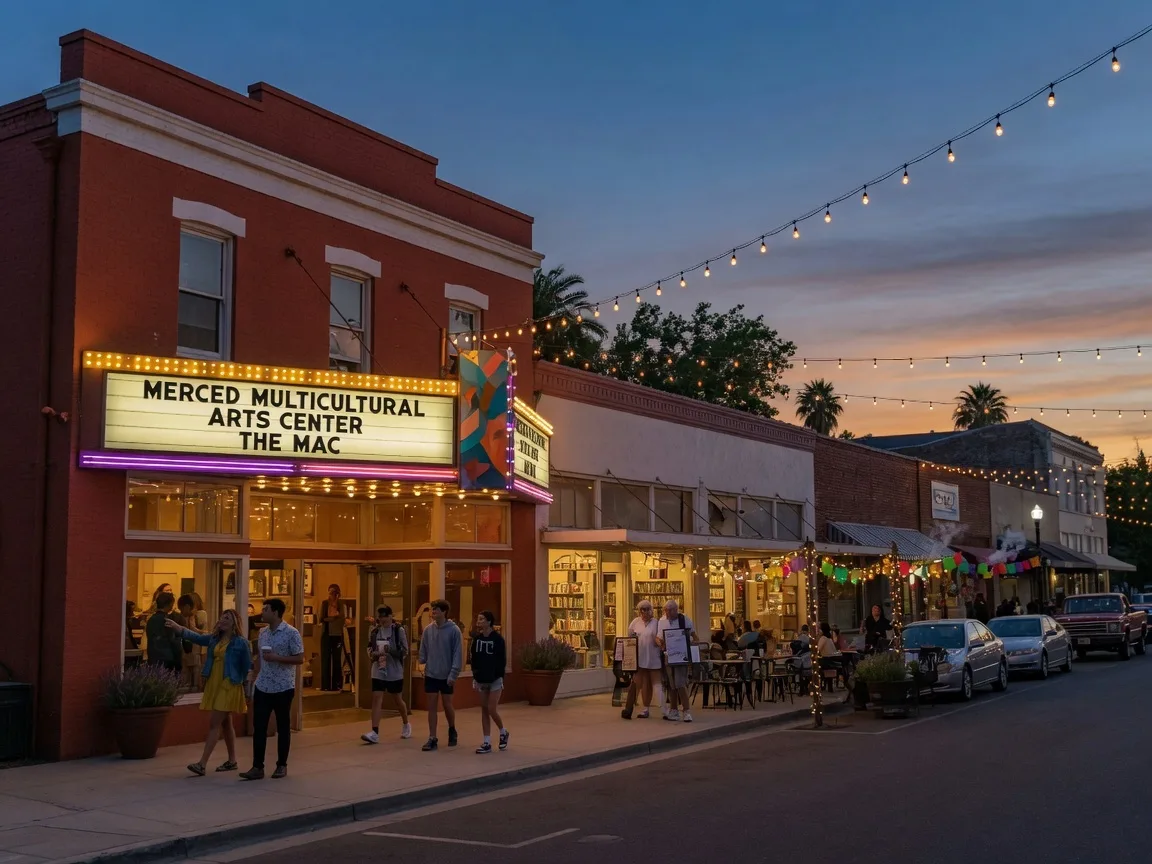 Downtown Merced summer evening scene with the Merced Multicultural Arts Center and Main Street storefronts lit up at dusk