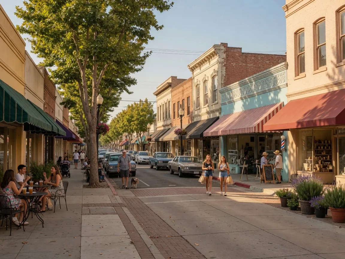 Downtown Turlock, California with local shops, outdoor dining, and tree-lined sidewalks